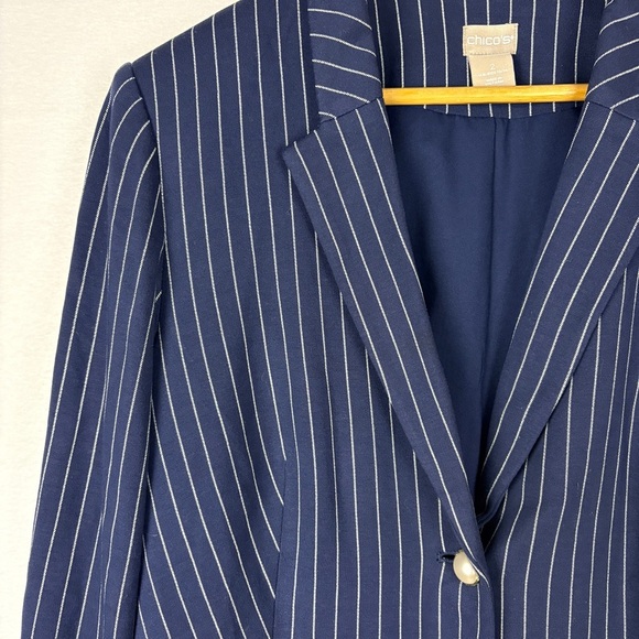 Chico's Blue Stripe Pearl Button Blazer Jacket - Picture 4 of 9
